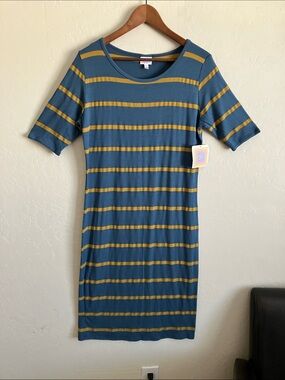 LuLaRoe Julia Dress Blue Striped Casual Midi Pullover Stretch Size Large NEW